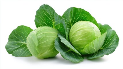 Fototapeta premium Fresh green cabbage heads on white background