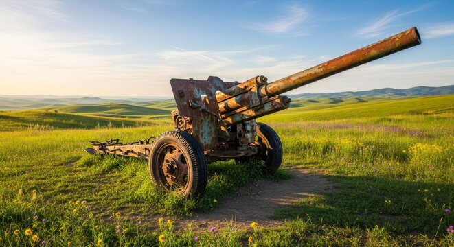 Weathered Artillery Piece in a Grassy Field at Sunset