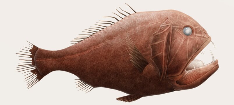 This image depicts a deep-sea predator known as the fangtooth fish, characterized by its rugged, brownish-red skin and prehistoric appearance. The most striking features of this specimen are its outsi