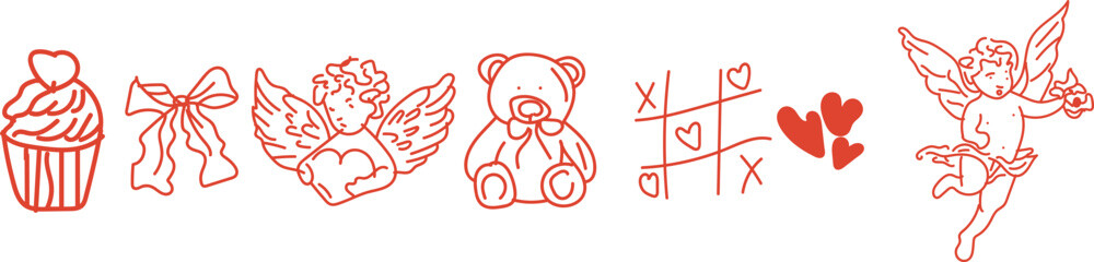 Valentine Doodle Outline Icon Set Vector Illustration, Cute Love Symbols Cupid Heart Teddy Bear Line Art Collection EPS10