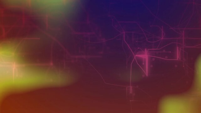 Color shift starting magenta circuit lines emerging while lime bokeh blobs floating revealing trace