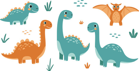 Fototapeta premium Colorful illustration of dinosaurs and a bat in a prehistoric landscape with plants