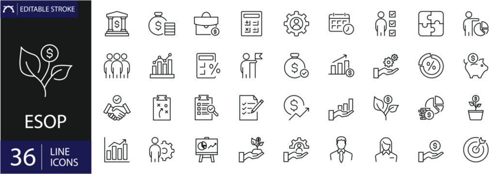 ESOP icons set. Includes symbols of employee ownership, stock options, shares, financial growth, company benefits, and investment plans. Editable stroke. Vector illustration. Outline icons.