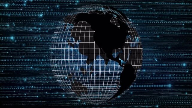On start, wireframe globe rotating slowly, bringing Americas center, revealing pulsing grid