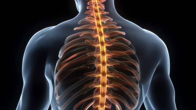 Close-up view of the human spine and rib cage with glowing vertebrae against a dark background