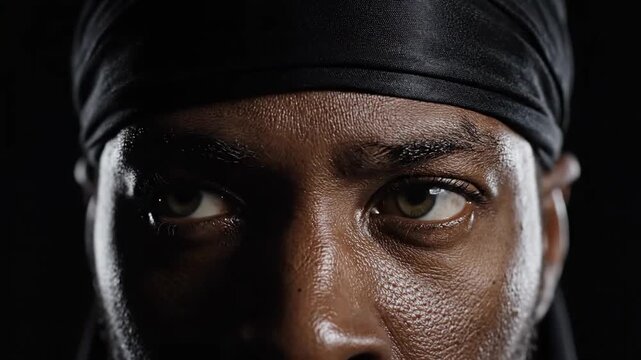 Intense Close-up of a Man's Determined Eyes and Sweaty Forehead Wearing a Black Durag Against a Dark
