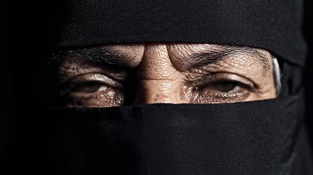Intense Close-Up of Middle Eastern Woman's Eyes Peeking Through Traditional Black Hijab, Serious