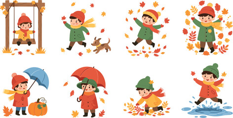 Fototapeta premium Cute Kids Autumn Activities Set with Leaves Umbrella Pumpkin Swing and Fall Seasonal Cartoon Vector Illustration