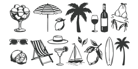Hand drawn summer beach icons set with palm trees, cocktails, and vacation elements in vintage sketch vector illustration style ©  Designer