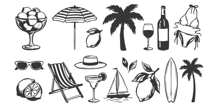 Hand drawn summer beach icons set with palm trees, cocktails, and vacation elements in vintage sketch vector illustration style