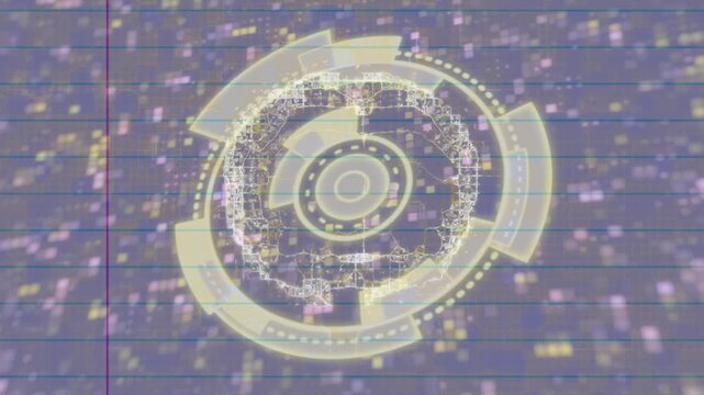 Faint ring powering up HUD brightening and rotating as squares intensifying, showing ruled paper