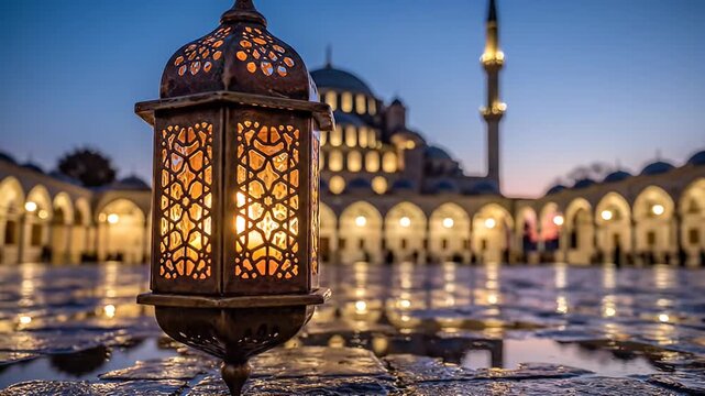 Illuminated Arabic Lantern Shines Brightly in Front of a Mosque at Dusk with Intricate Patterns