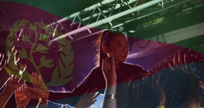 Woman lying on hands, crowd lifting and passing her laterally at concert, laurel overlay appearing