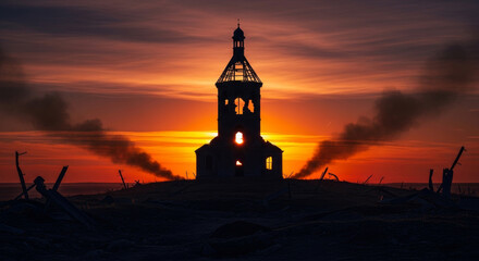 Bombed Out Church Steeple Silhouette at Dramatic Sunset