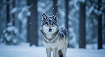 Fototapeta premium Majestic gray wolf standing in snowy forest, winter wildlife scene