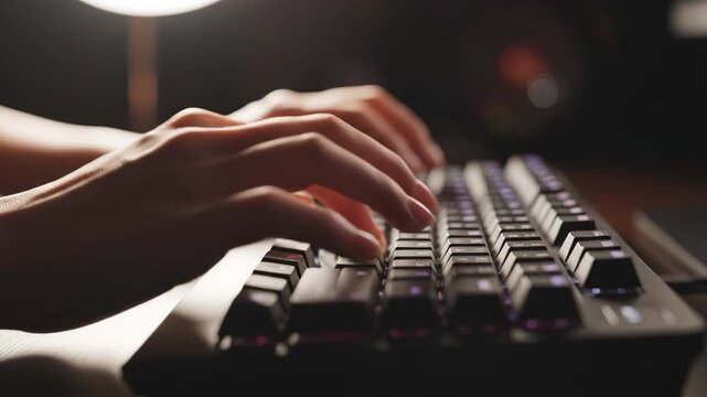 Hands typing on a backlit keyboard