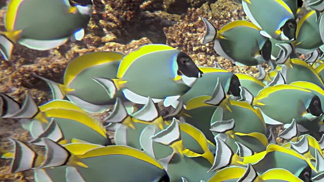 A vibrant school of Palette surgeonfish Paracanthurus hepatus moves with elegant slow motion grace amidst the colorful coral reef.