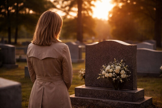 Woman standing at grave with white flowers at sunset, mourning and remembrance in cemetery, solitude and grief during golden hour.