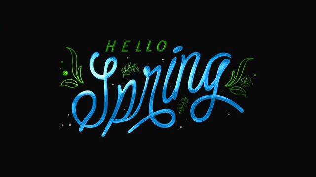 Blue and green hello spring lettering text animation on transparent background. Perfect for greeting cards, social media posts, and design projects.