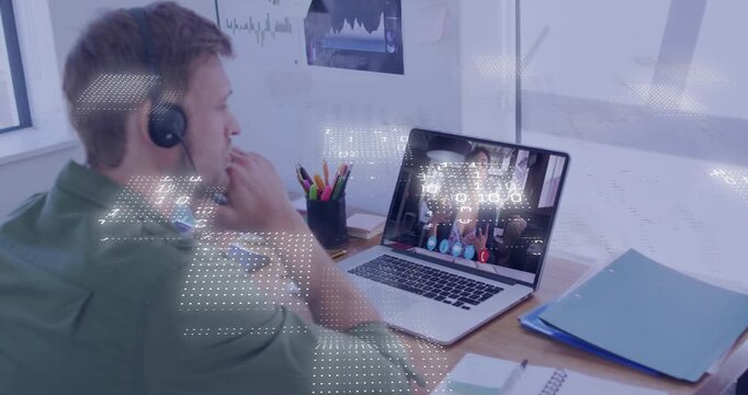 Man wearing headset joining call hearing woman demoing for business data overlay rising over laptop