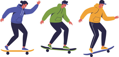 Fototapeta premium Three young men skateboarding in different colored hoodies and skateboards