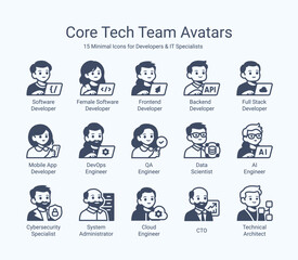 Fototapeta premium Core Tech & IT Professionals Line Avatars Set – Software Developer, Data Scientist, UX UI Designer, Cybersecurity Engineer