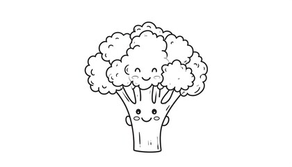 Cartoon broccoli, simple line drawing, smiling face, white background, textured florets, healthy food concept