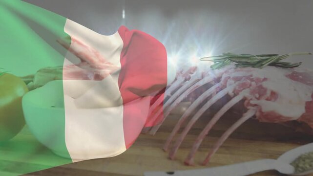 Tricolor flag overlay waving from frame one, revealing lamb ribs, herb, spoon, showing food display