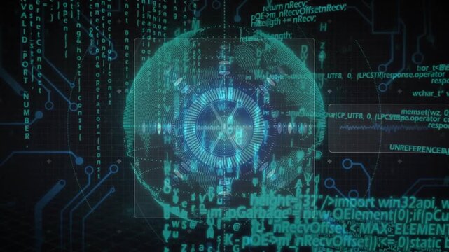 Wireframe appearing, starting hologram globe pulsing ring, orbiting dots, scrolling code for scan