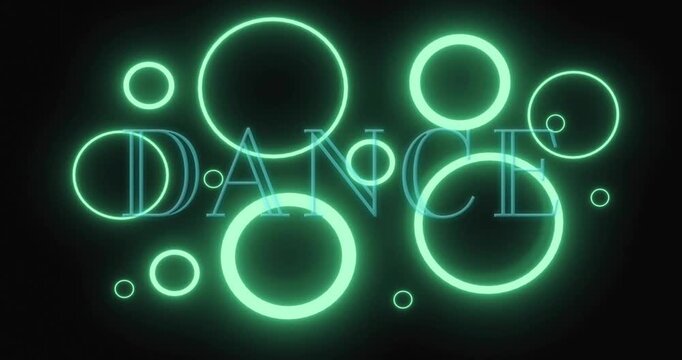 On start rings appearing behind DANCE lettering, rings pulsing and overlapping revealing neon title