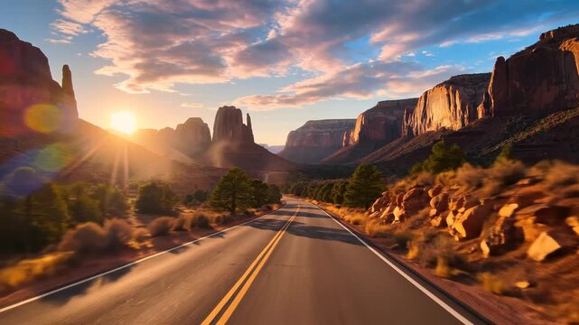Road through desert canyon at sunset