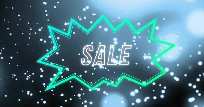Neon teal starburst initiating as SALE text fading, pulsing and confetti drifting, promoting sale