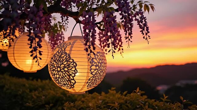 Illuminated Japanese Lanterns Hang from Wisteria Tree Branches at Sunset, Serene Outdoor Ambiance