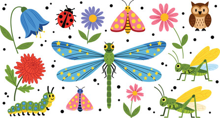 Cute Garden Insects and Flowers Set with Dragonfly Ladybug Grasshopper Owl and Colorful Nature Elements © MdAbuSayed