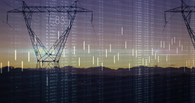 Camera shifting right causing steel HV tower revealing while data bars falling showing grid