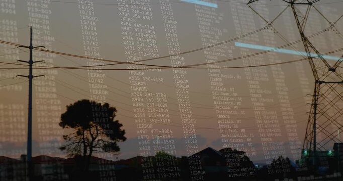 Glass reflection causing overlay, pole shifting to lattice towers, panning right revealing skyline