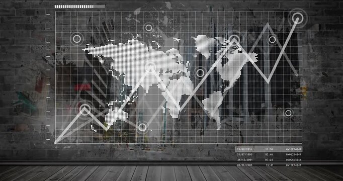 Progress bar moving starting line graph across dot world map overlay, nodes pulsing showing trends