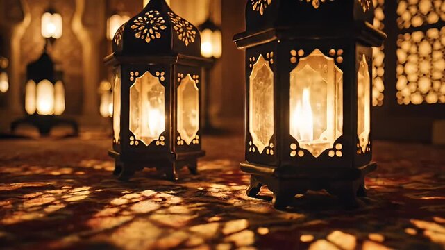 Illuminated Moroccan Lanterns Cast Intricate Shadows on a Richly Patterned Carpet in a Dimly Lit