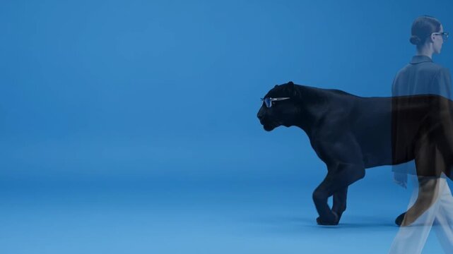Woman walking and morphing into black panther on blue background in cinematic studio clip