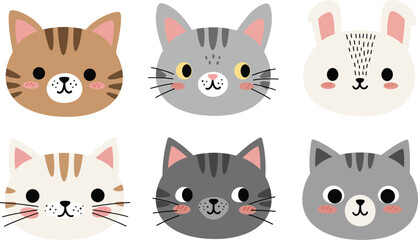 Cute cartoon faces of domestic cats and rabbits side by side
