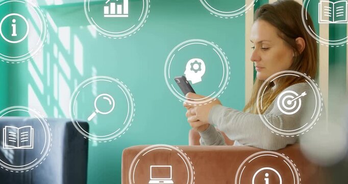 Woman tapping smartphone and spawning animated education icons growing in foreground for learning