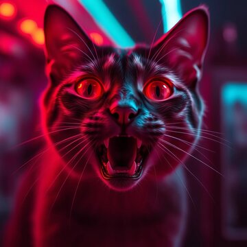Crimson cat's eyes glow, jaw dropped in neon awe, bokeh haze,  neon surprise,  lilac feline