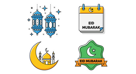 Icon Set Happy Eid Mubarak, modern flat vector showing family happiness, generosity, and joyful Eid Mubarak celebration