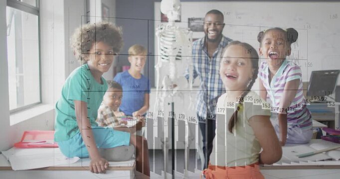 Teacher with class standing around skeleton under overlays fading in, rising bar charts for lesson