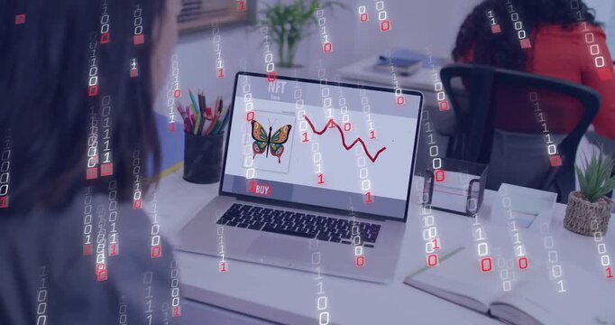 Woman browsing laptop, hovering butterfly, causing red chart and binary rain, assessing NFT value