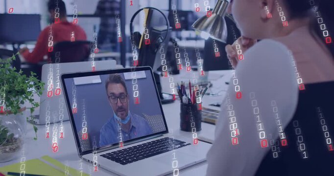 Woman sitting at desk listening to peer on laptop speaking starting falling binary for tech demo