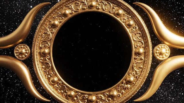 Golden Ornate Circular Frame with Swirling Decorative Elements on a Starry Night Sky Background