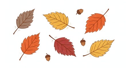 Fototapeta premium Autumn leaves and acorns scattered across a white background, showcasing fall colors