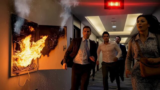 Men and woman fleeing burning electrical panel in smoky office corridor during fire alarm. Emergency evacuation concept.