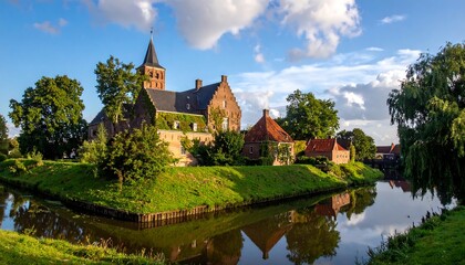 Obraz premium Picturesque medieval castle surrounded by a moat in Damme, Belgium.